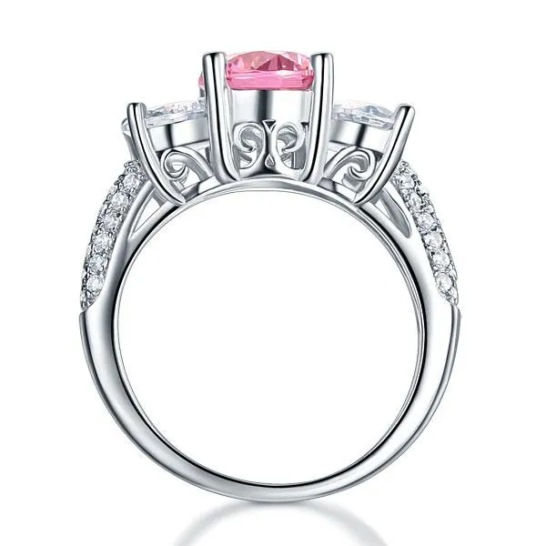 925 Sterling Silver 3-Stone Wedding Ring 2 Carat Fancy Pink Simulated Diamond Jewelry Vintage Style