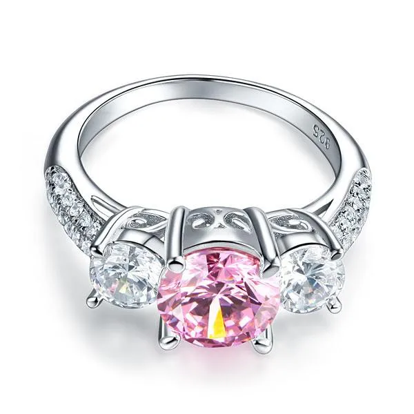925 Sterling Silver 3-Stone Wedding Ring 2 Carat Fancy Pink Simulated Diamond Jewelry Vintage Style