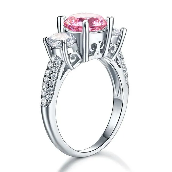 925 Sterling Silver 3-Stone Wedding Ring 2 Carat Fancy Pink Simulated Diamond Jewelry Vintage Style