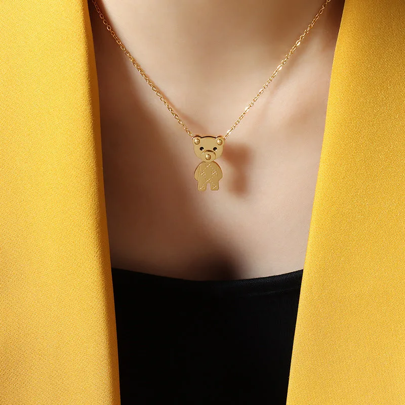 Cute Bear Pendant Necklace with Zircon Stone Inlay, Unique Design for Women's Collar Chain Jewelry