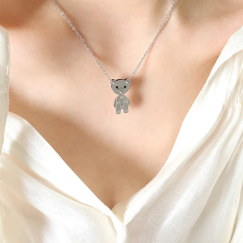 Cute Bear Pendant Necklace with Zircon Stone Inlay, Unique Design for Women's Collar Chain Jewelry