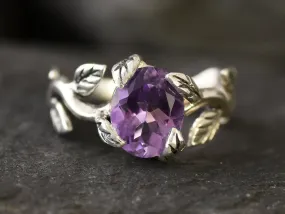 Leaf Amethyst Ring - Purple Vintage Ring - Silver Branch Ring
