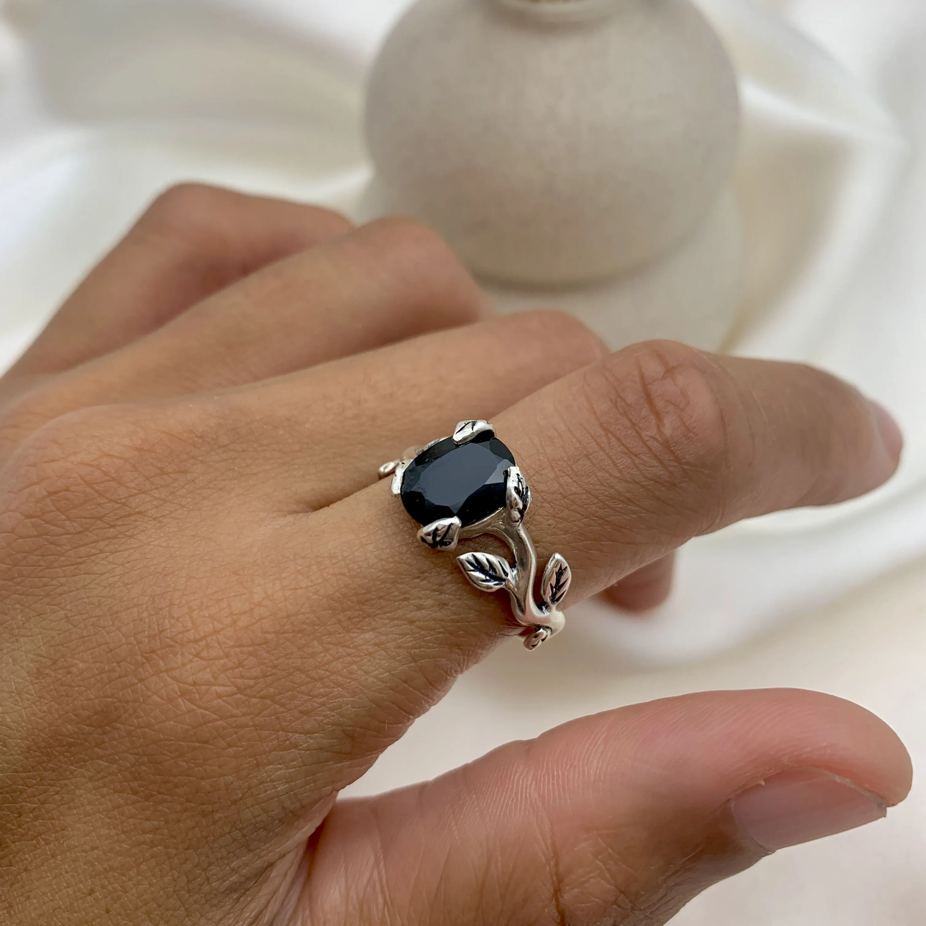 Onyx Ring - Silver Leaves Ring - Vintage Branch Ring