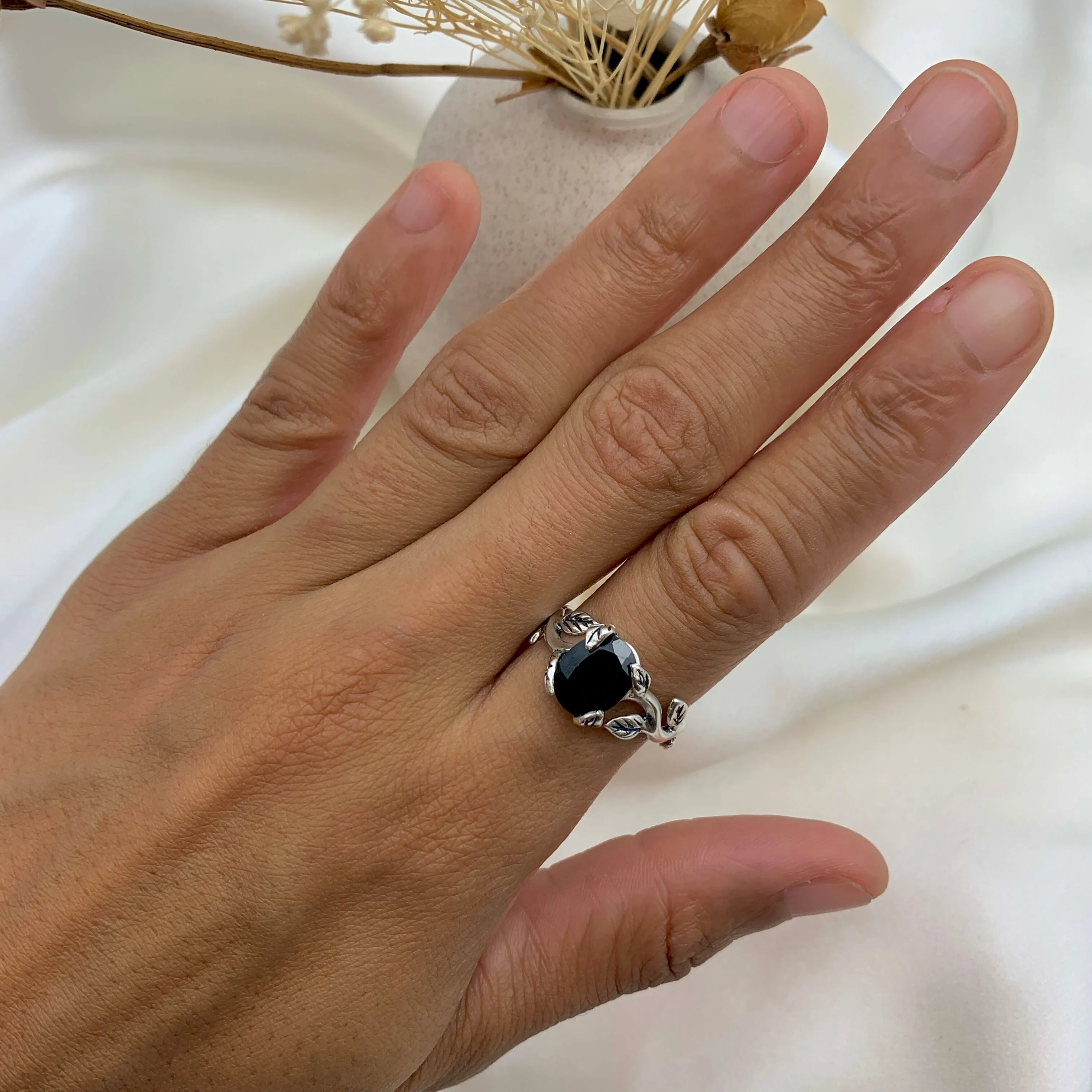 Onyx Ring - Silver Leaves Ring - Vintage Branch Ring