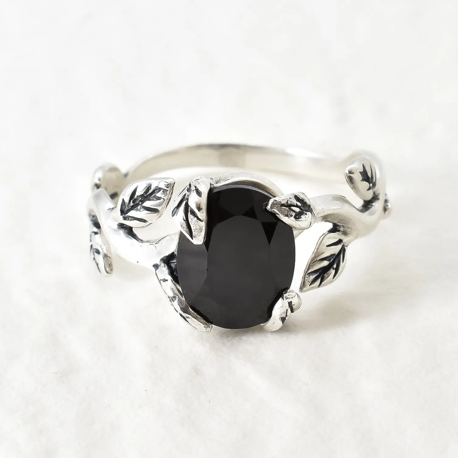 Onyx Ring - Silver Leaves Ring - Vintage Branch Ring