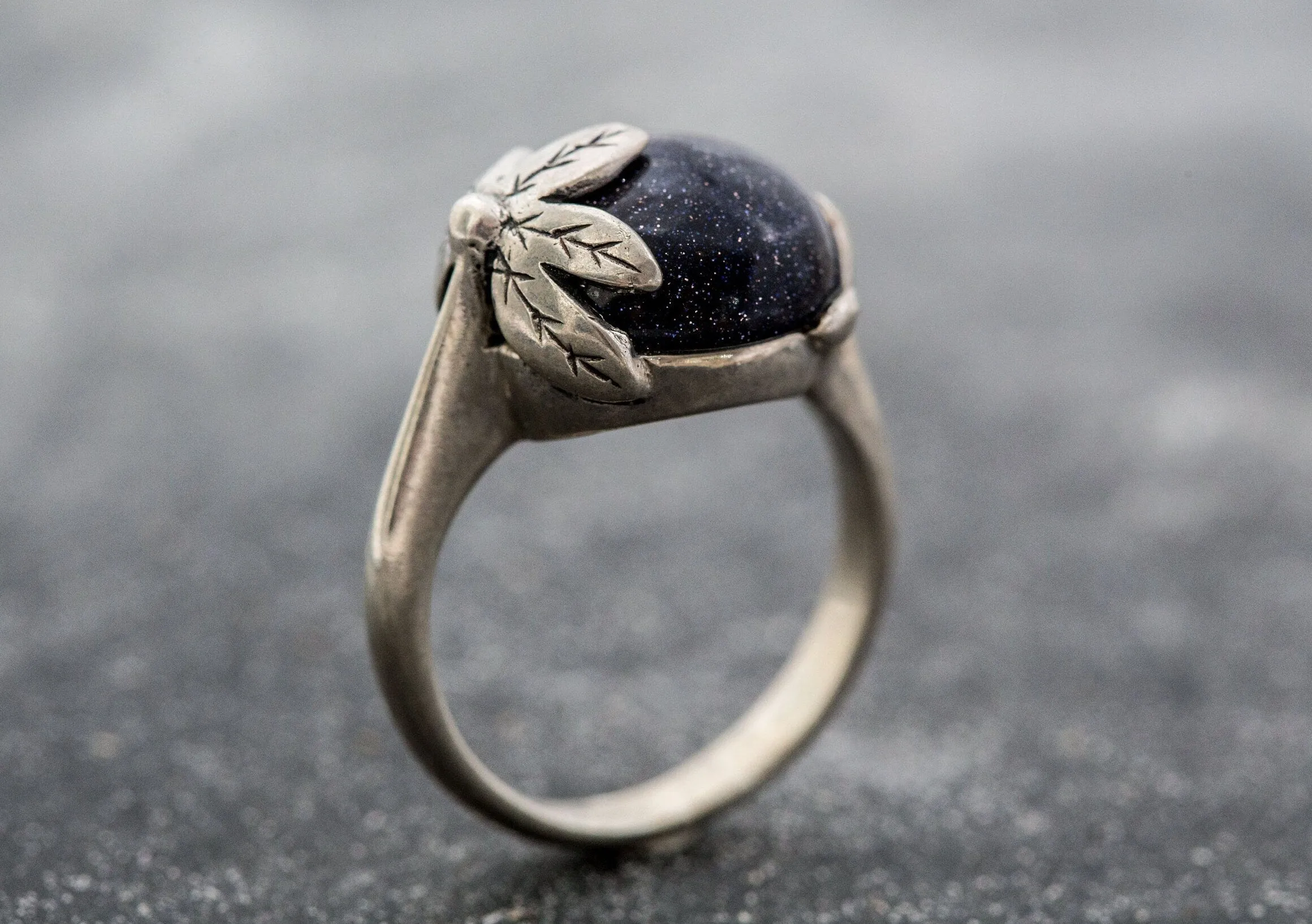 Sandstone Ring - Leaf Silver Ring - Blue Boho Ring