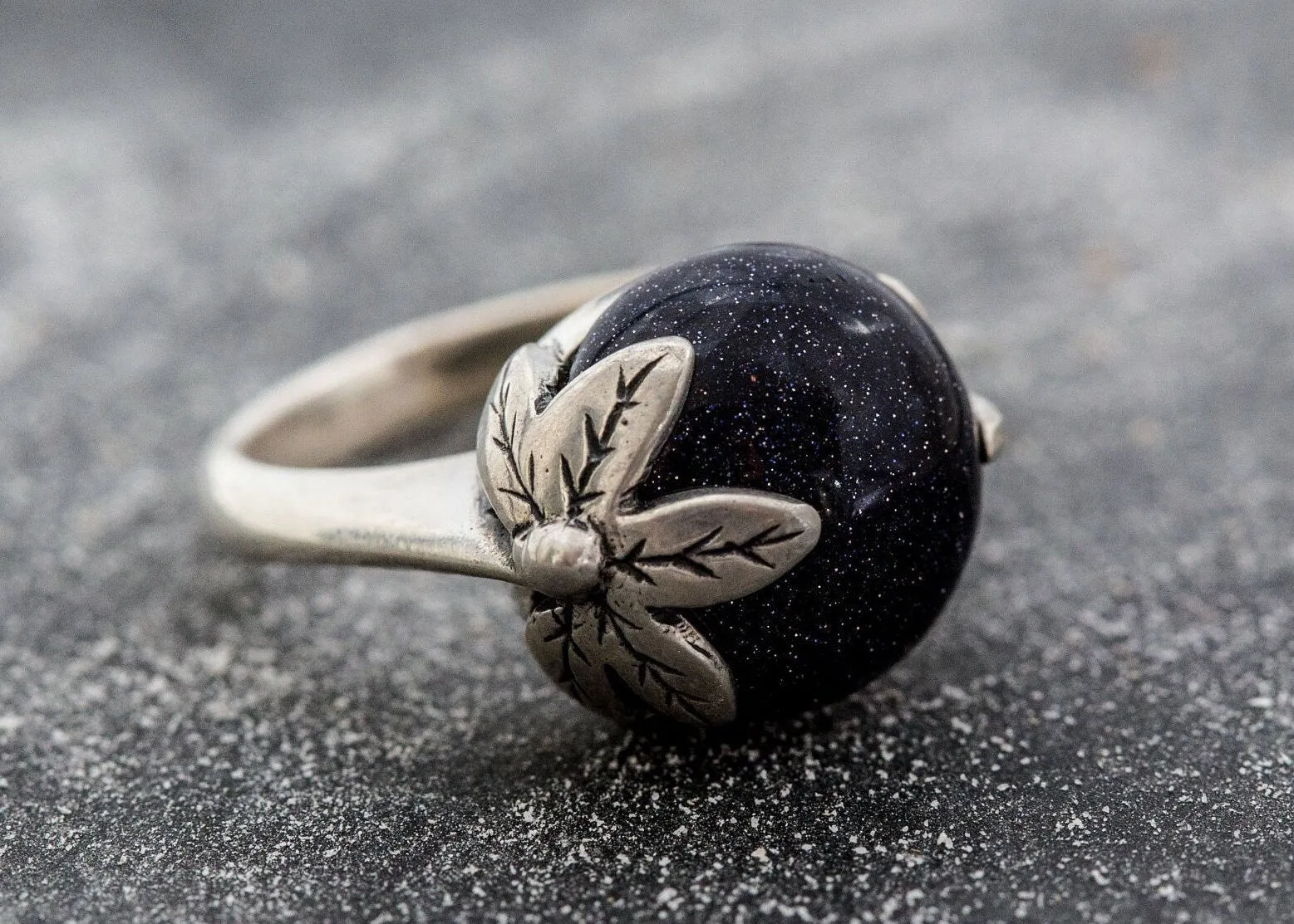 Sandstone Ring - Leaf Silver Ring - Blue Boho Ring
