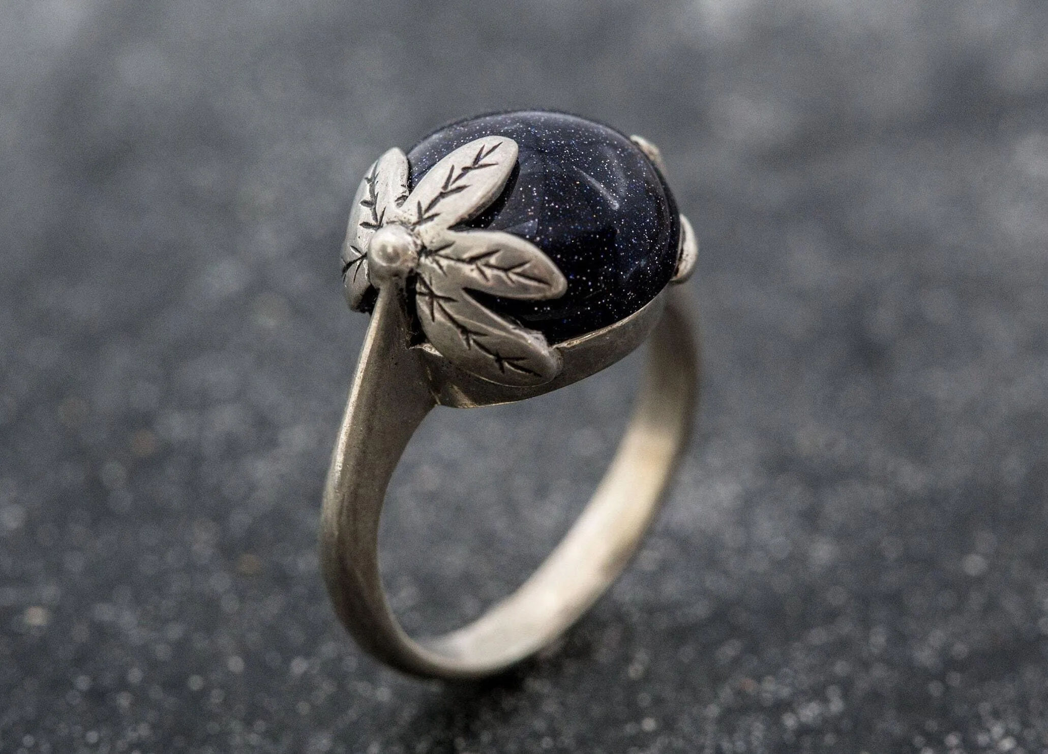 Sandstone Ring - Leaf Silver Ring - Blue Boho Ring