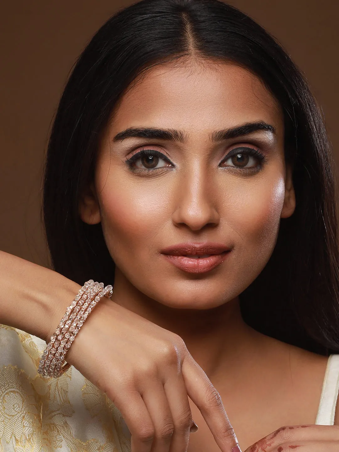 Set Of 4 Rose Gold-Plated Crystal Studded Bangles