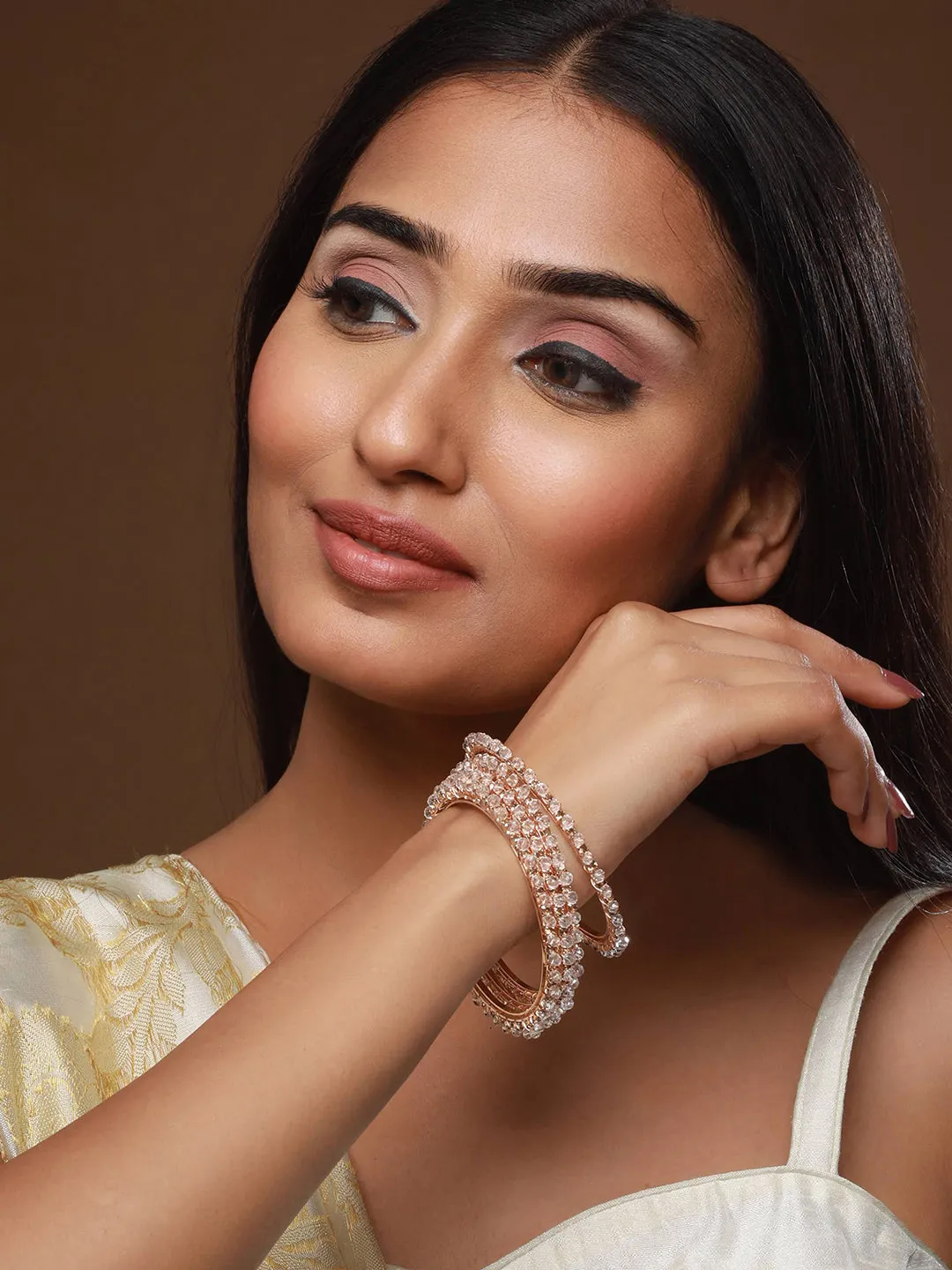 Set Of 4 Rose Gold-Plated Crystal Studded Bangles