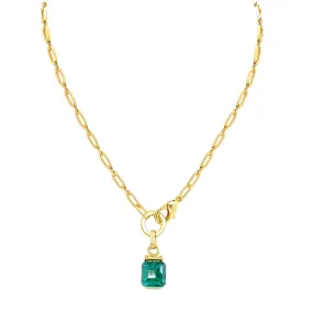 Square Emerald Green Crystal Front Closure Necklace On Matte Gold Chain