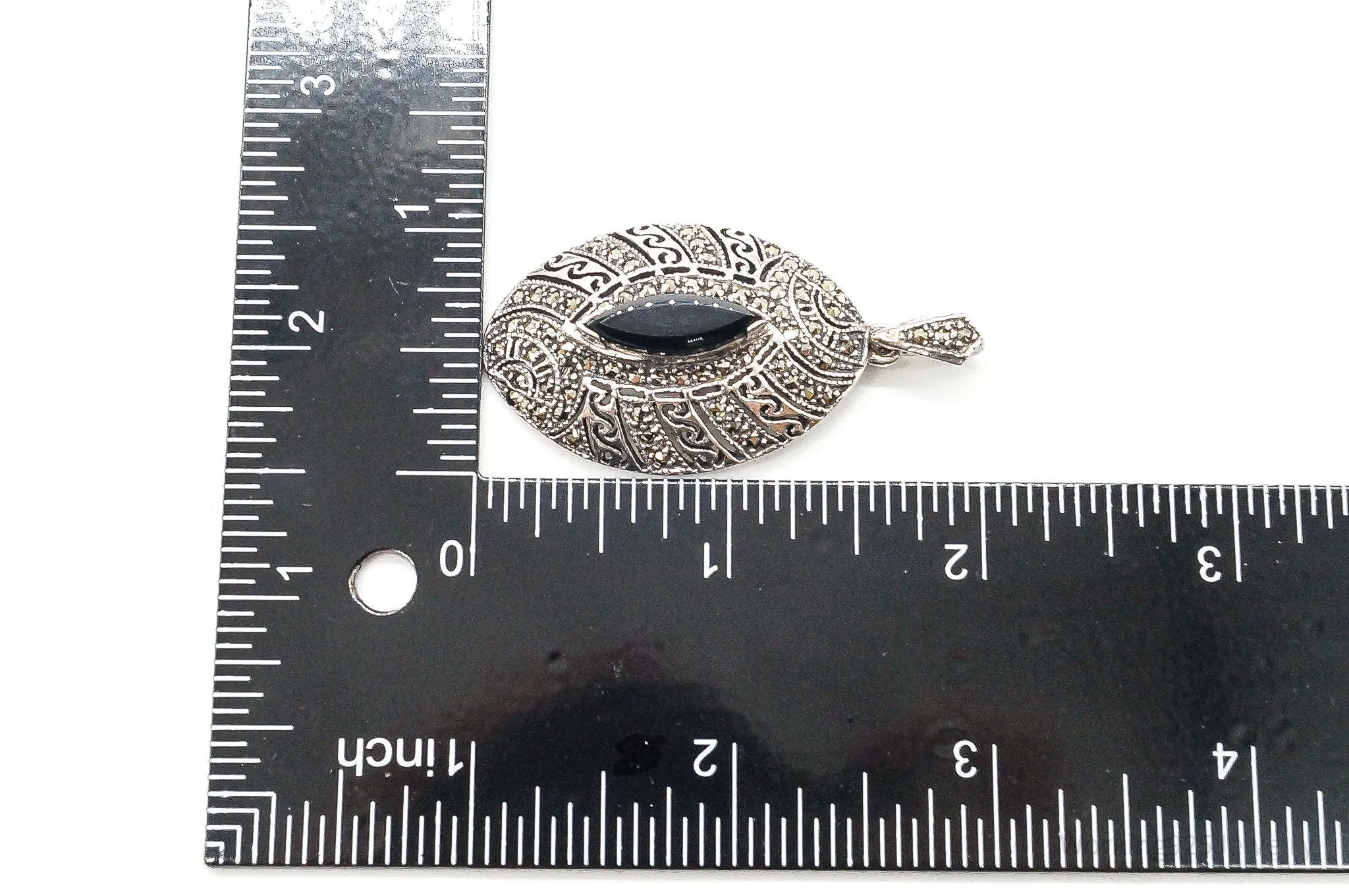 Vintage Large Black Onyx Marcasite Sterling Silver Pendant